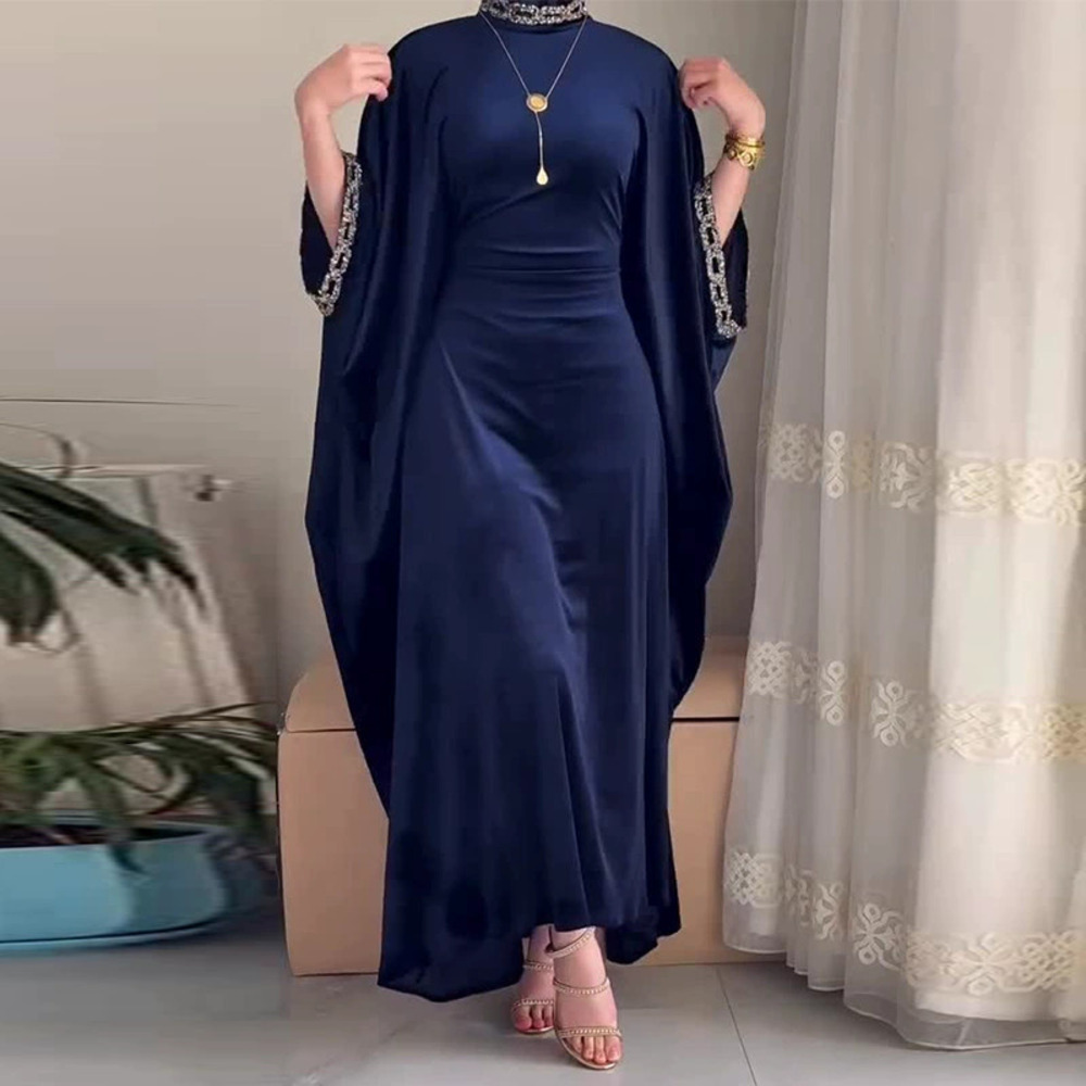Forever 21 Elegant Navy Blue Batwing Sleeve Fitted Waist Dress with Diamonds